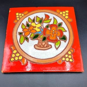 Vintage Southwest Folk Art Terracotta Tile Colorful Mid-century 9.5"x9.5"